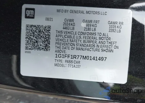 2021 Chevrolet Camaro Rwd Lt1 из США, поврежденный, VIN 1G1FF1R77M0141497